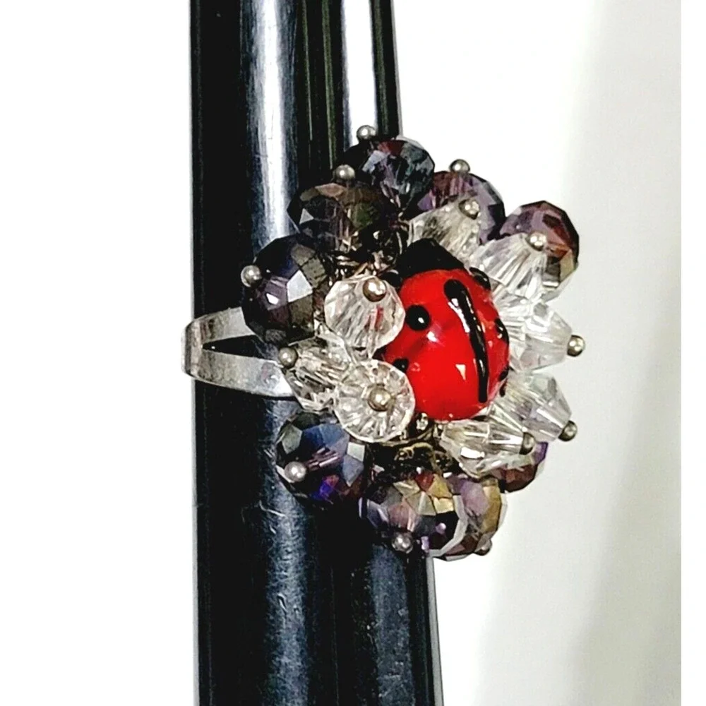 Chunky Ladybug Ring‎ Glass Adjustable Purple Red Statement Jewelry r-9